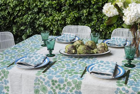 Blue & Green Floral Meadow Linen Tablecloth