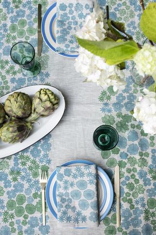 Blue & Green Floral Meadow Linen Tablecloth