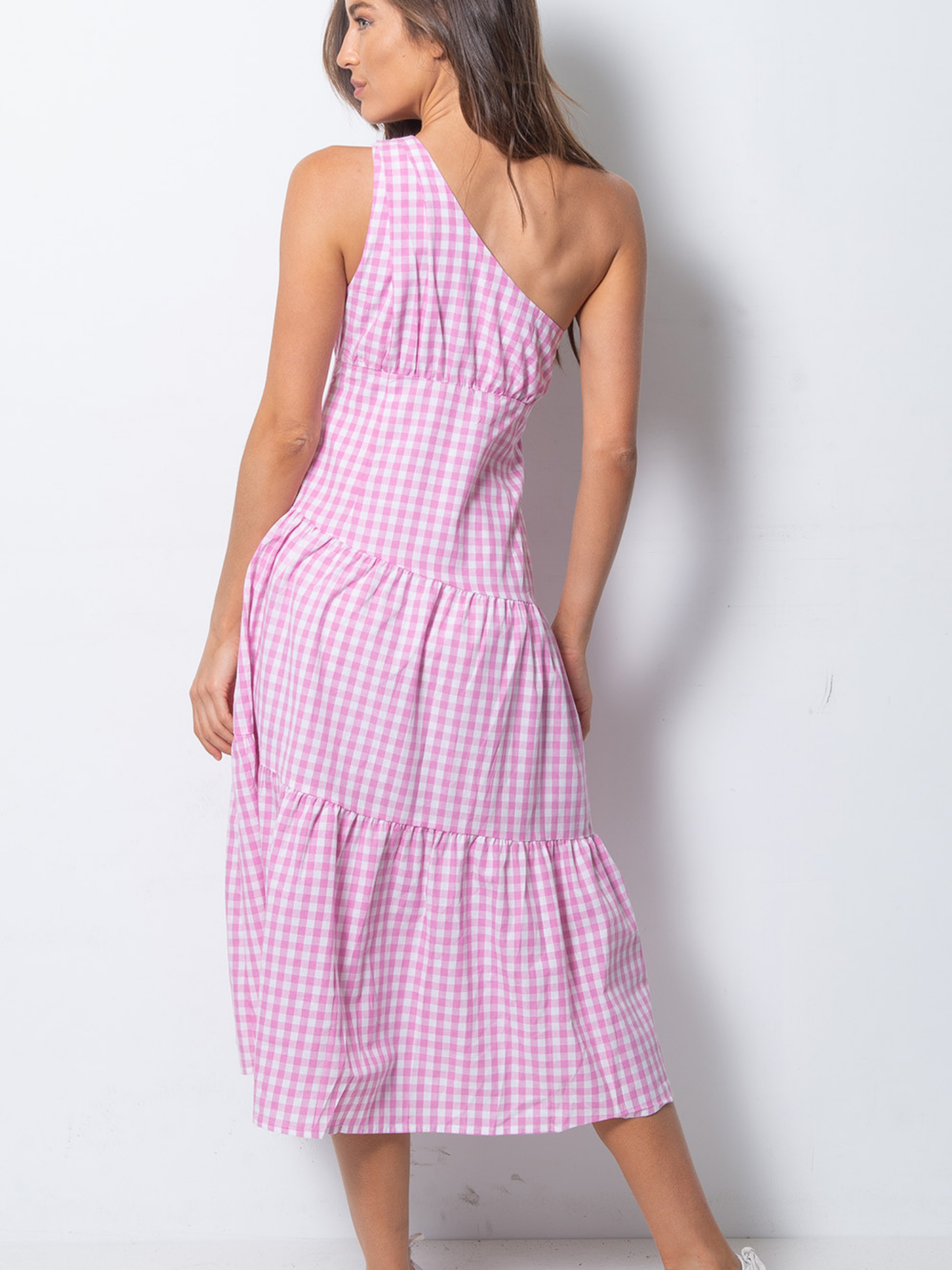 pink gingham one shoulder dress