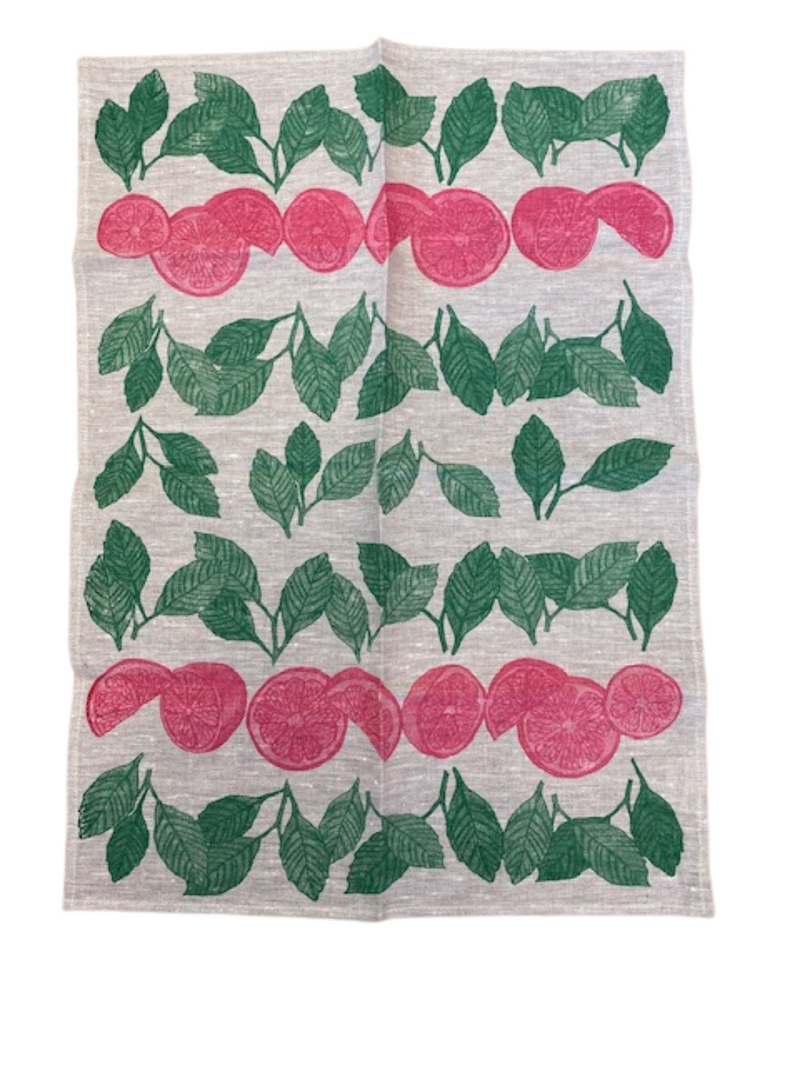Pink & Green Linen Tea Towel