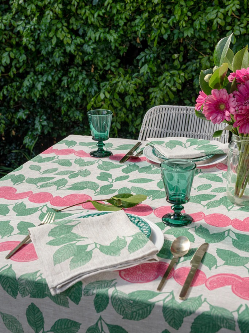 Green & Pink Citrus Linen Tablecloth